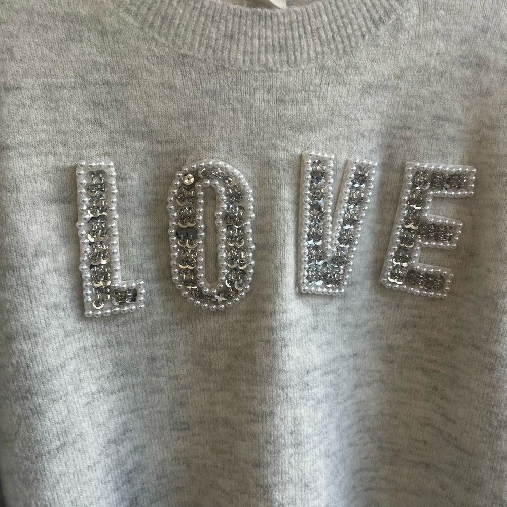 H&M LOVE Gray Sequin Pearl Beaded Crewneck Sweater Women’s Medium - Picture 3 of 10